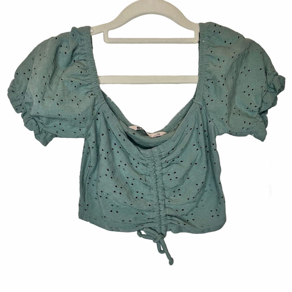 NWT SO Womens Green Cinch Front Puff Sleeve Crop Top Size X Small